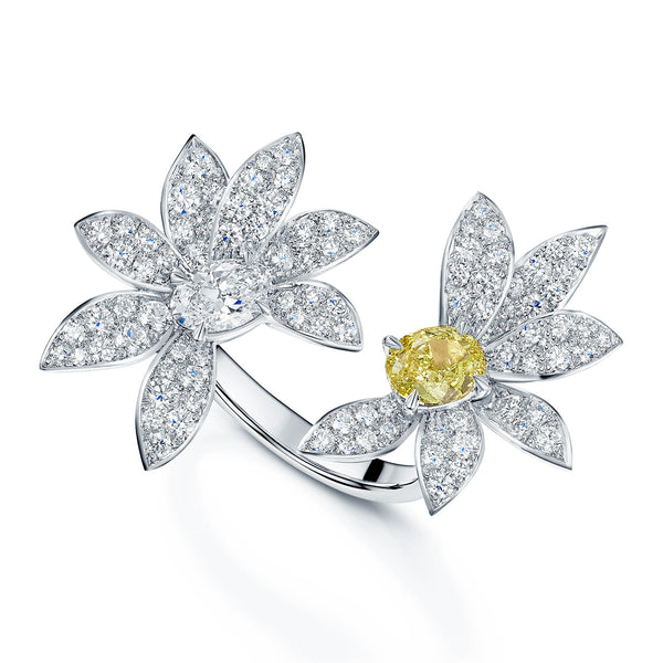 Berry's 18ct White Gold Fancy Yellow and White Oval Cut Diamond Pave Diamond Flower Dress Ring - Berry's Jewellers