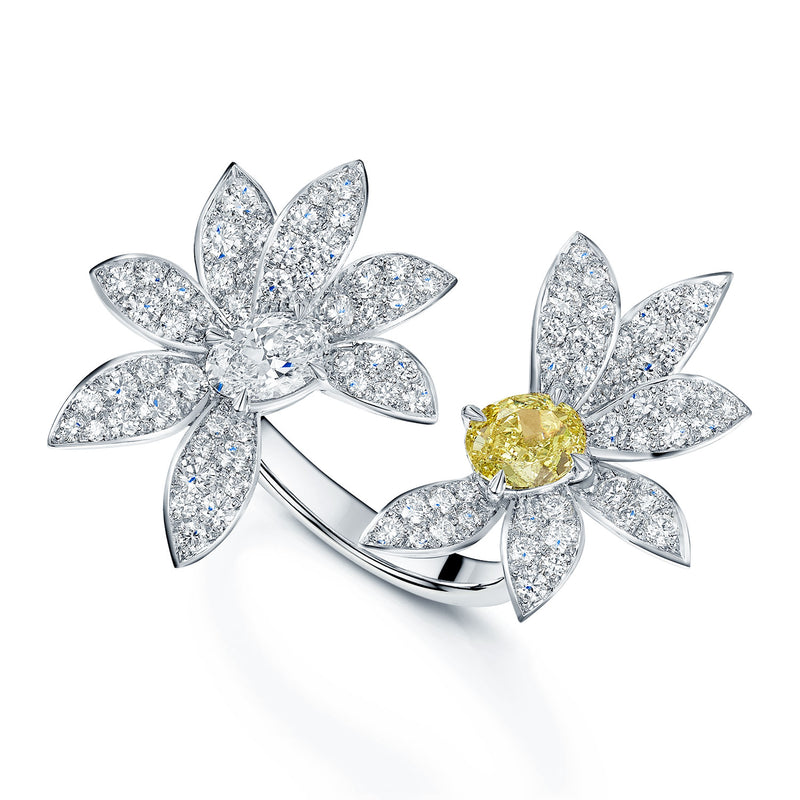 Berry's 18ct White Gold Fancy Yellow and White Oval Cut Diamond Pave Diamond Flower Dress Ring - Berry's Jewellers