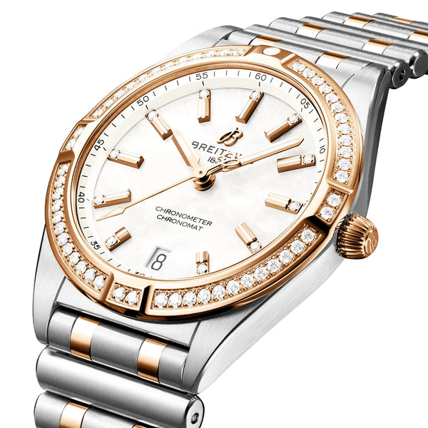 Breitling Chronomat 32mm Two-Tone Mother of Pearl Diamond Set Bracelet Watch - Berry's Jewellers