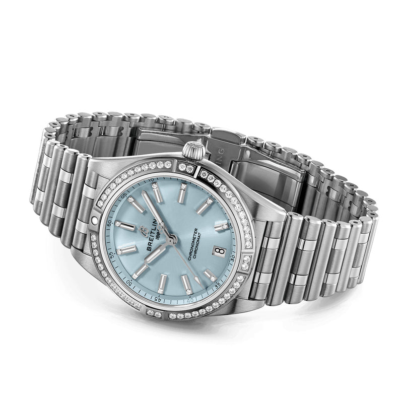 Breitling Chronomat 36mm 18ct White Gold & Steel Ice Blue Dial Diamond Set Watch - Berry's Jewellers