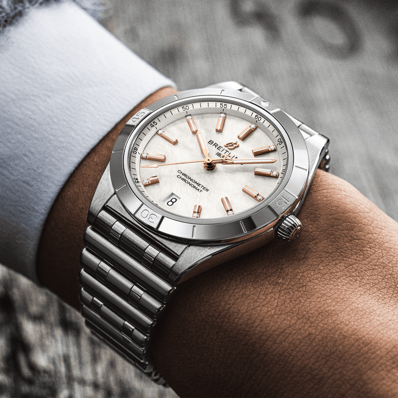 Breitling Chronomat 36mm White Mother of Pearl Diamond Dial Bracelet Watch - Berry's Jewellers