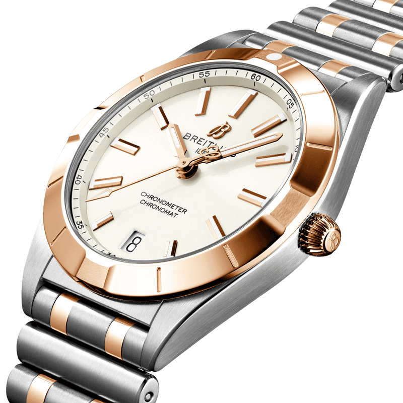 Breitling Chronomat Steel & 18ct Red Gold 32mm White/Rose Dial Ladies Watch - Berry's Jewellers