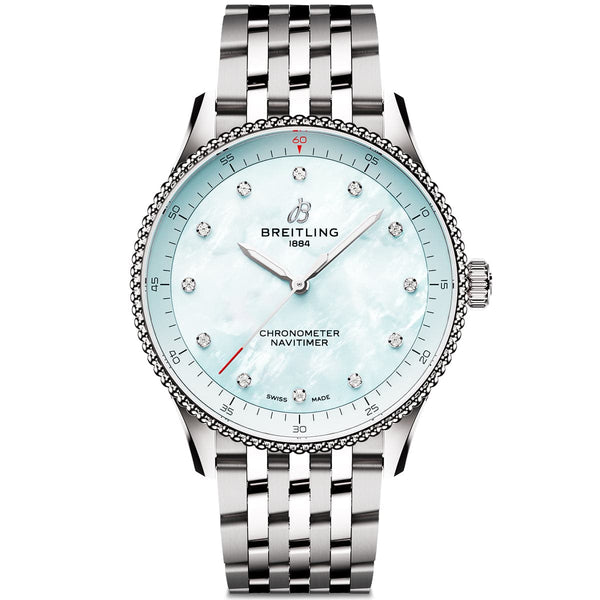 Breitling Navitimer 32mm Blue Mother of Pearl Diamond Dial Bracelet Watch - Berry's Jewellers
