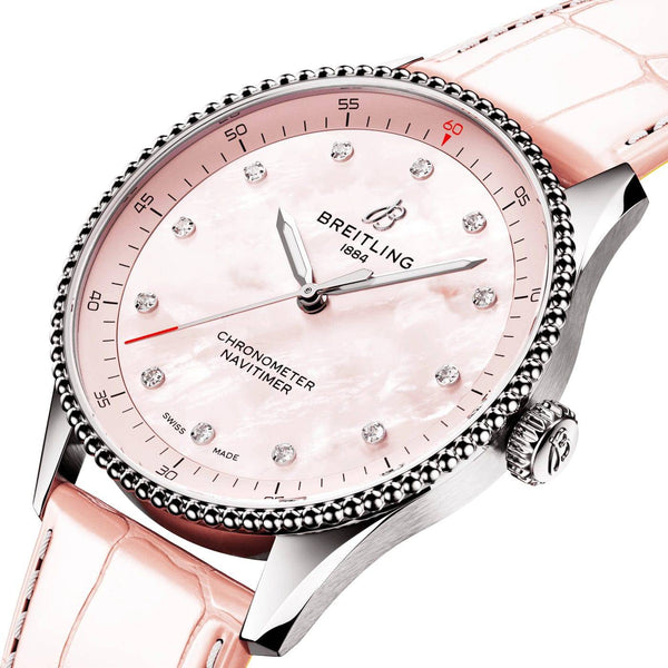 Breitling Navitimer 32mm Pink Mother of Pearl Diamond Dial Strap Watch - Berry's Jewellers
