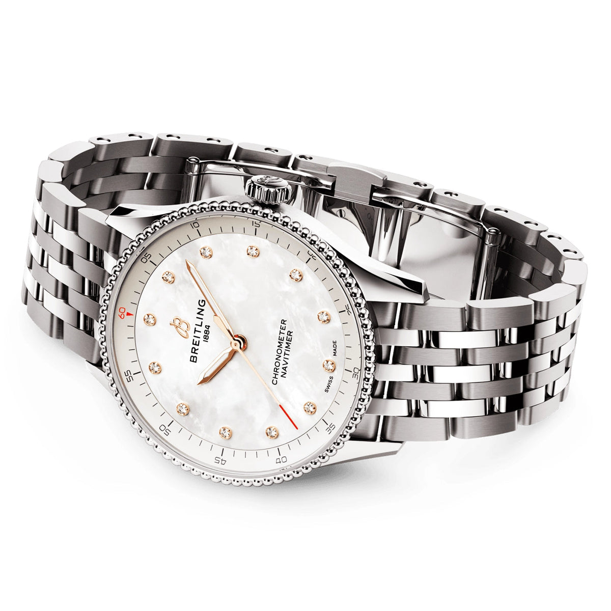 Breitling Navitimer 32mm White Mother of Pearl Diamond Dial Bracelet Watch - Berry's Jewellers