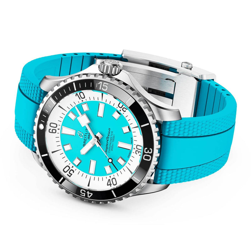 Breitling Superocean 44mm Turquoise Dial Men's Automatic Rubber Strap Watch - Berry's Jewellers