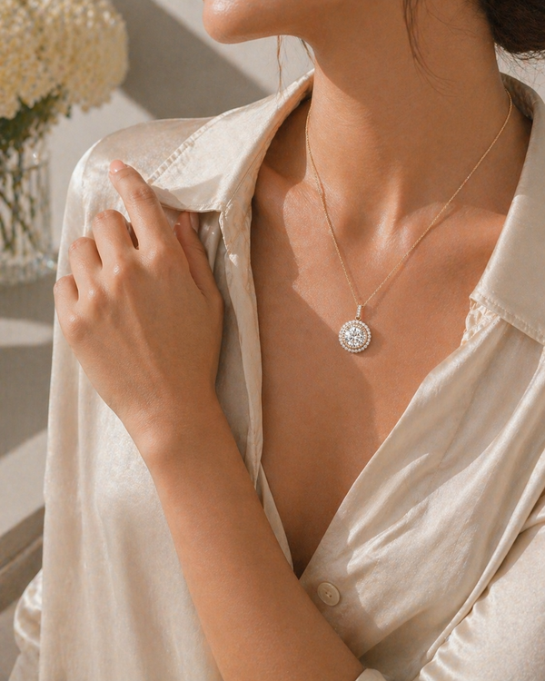 Berry's 18ct Rose and White Gold GIA Brilliant Cut Diamond Double Halo Cluster Pendant - Berry's Jewellers