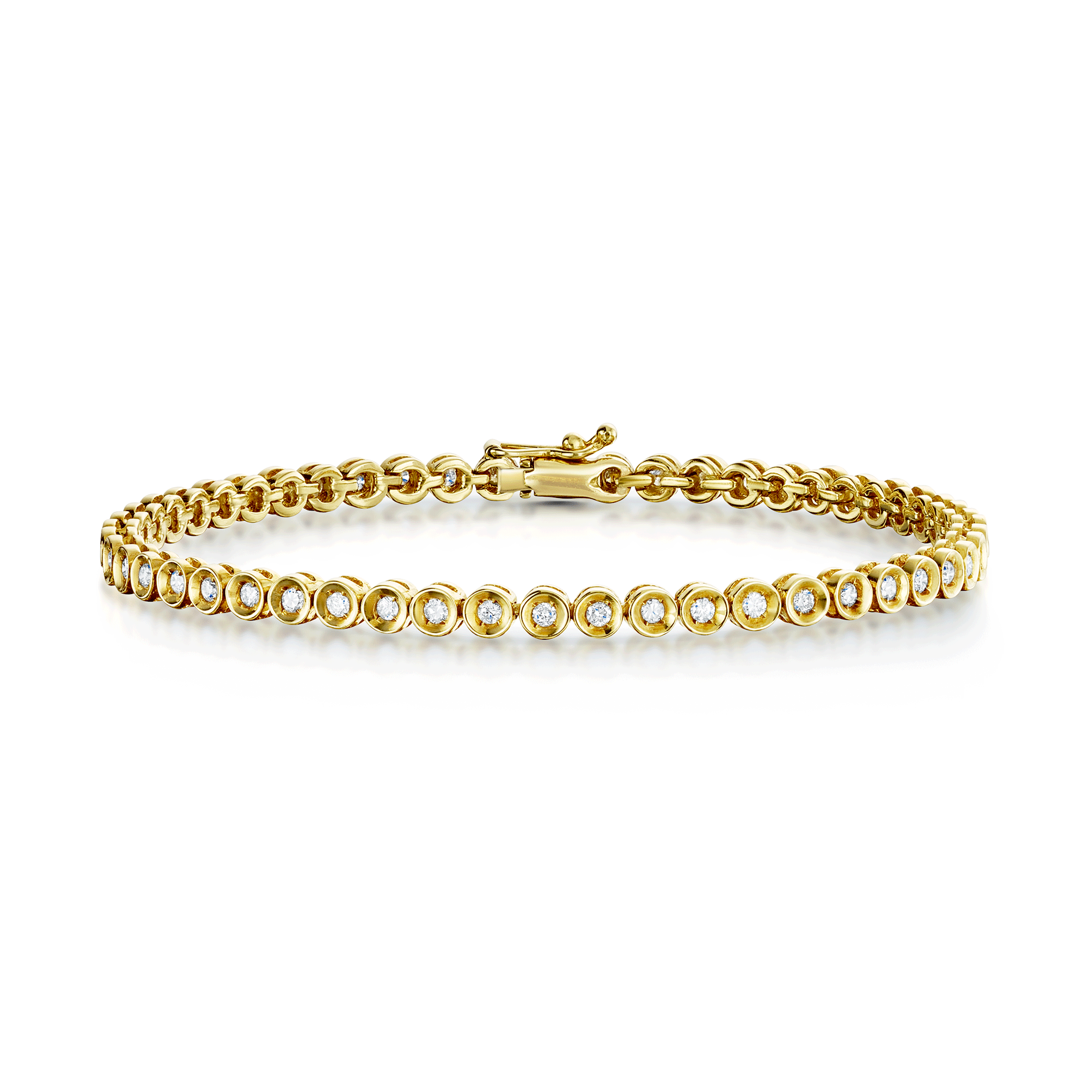 18ct Yellow Gold Round Brilliant Cut Diamond Line Bracelet In A Rub Over Setting