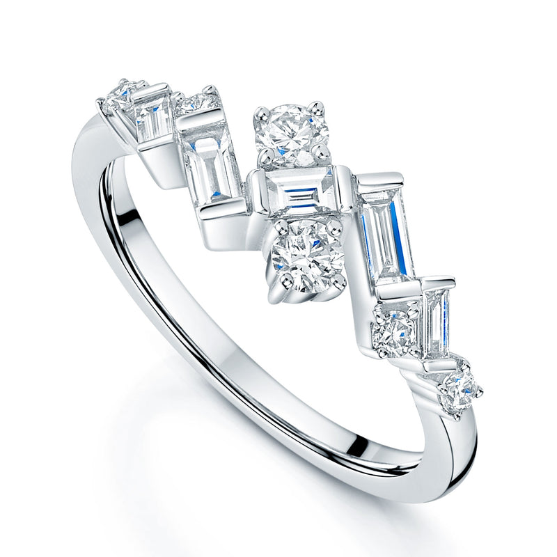 18ct White Gold Baguette and Round Brilliant Cut Diamond Jazz Dress Ring