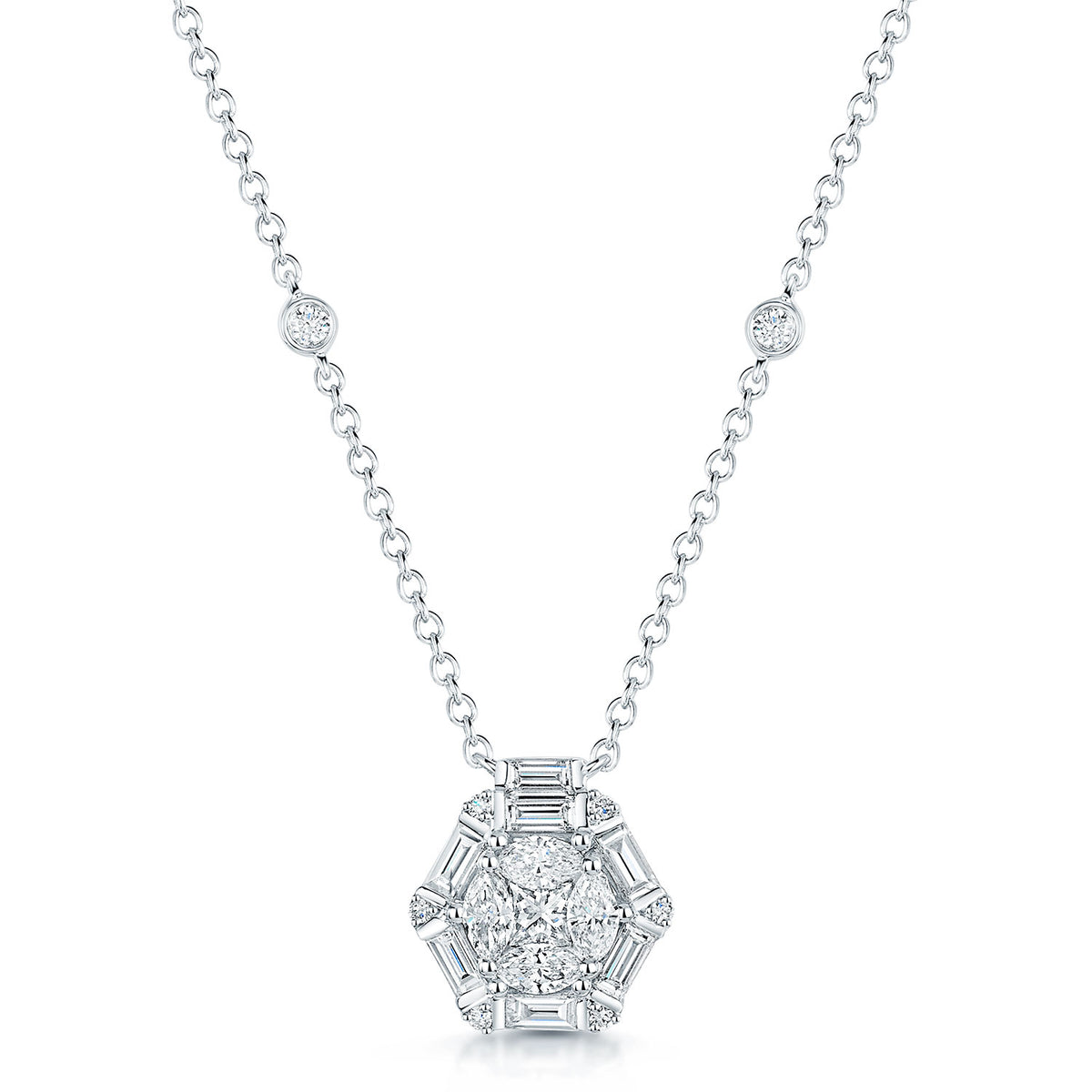 18ct White Gold Baguette And Round Brilliant Cut Diamond Cluster Pendant