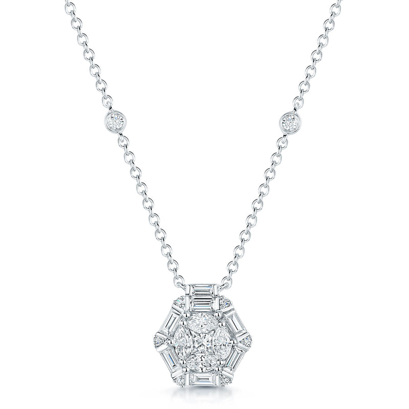 18ct White Gold Baguette And Round Brilliant Cut Diamond Cluster Pendant