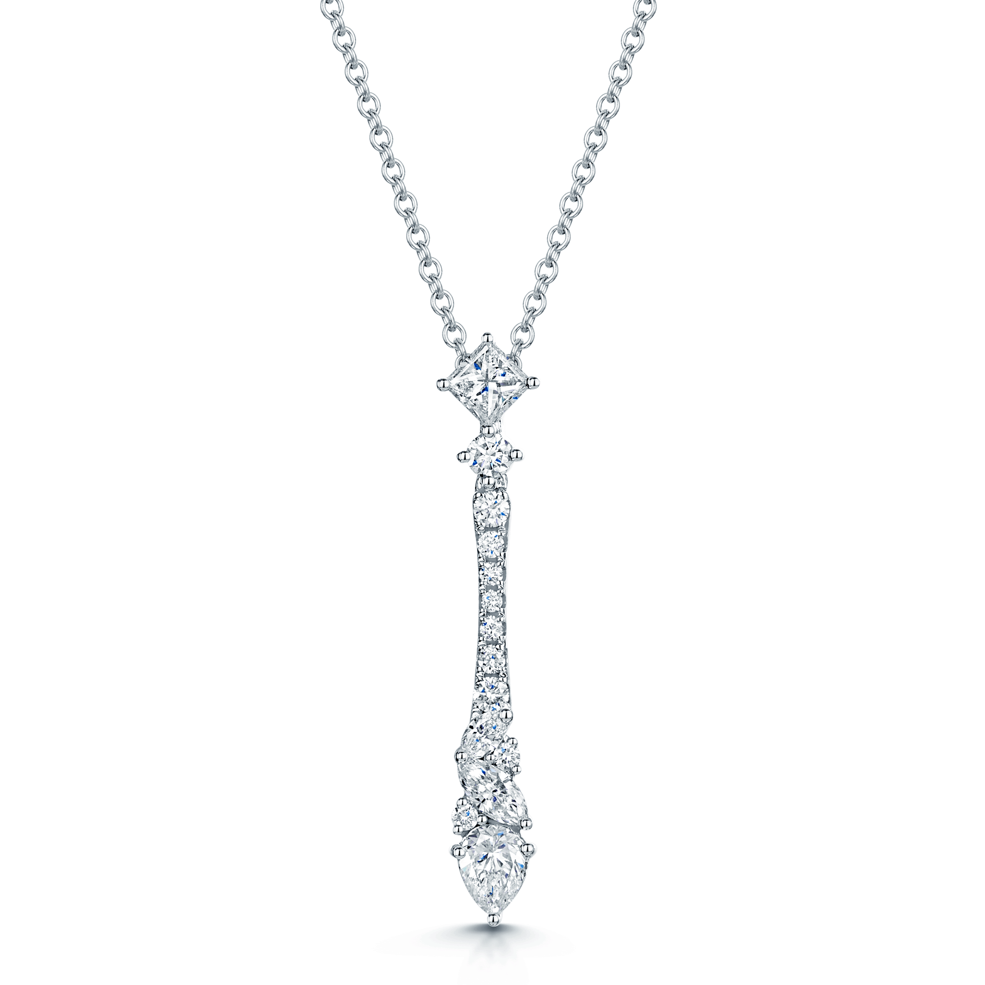 18ct White Gold Princess, Pear, Marquise And Round Brilliant Cut Diamond Fancy Pendant