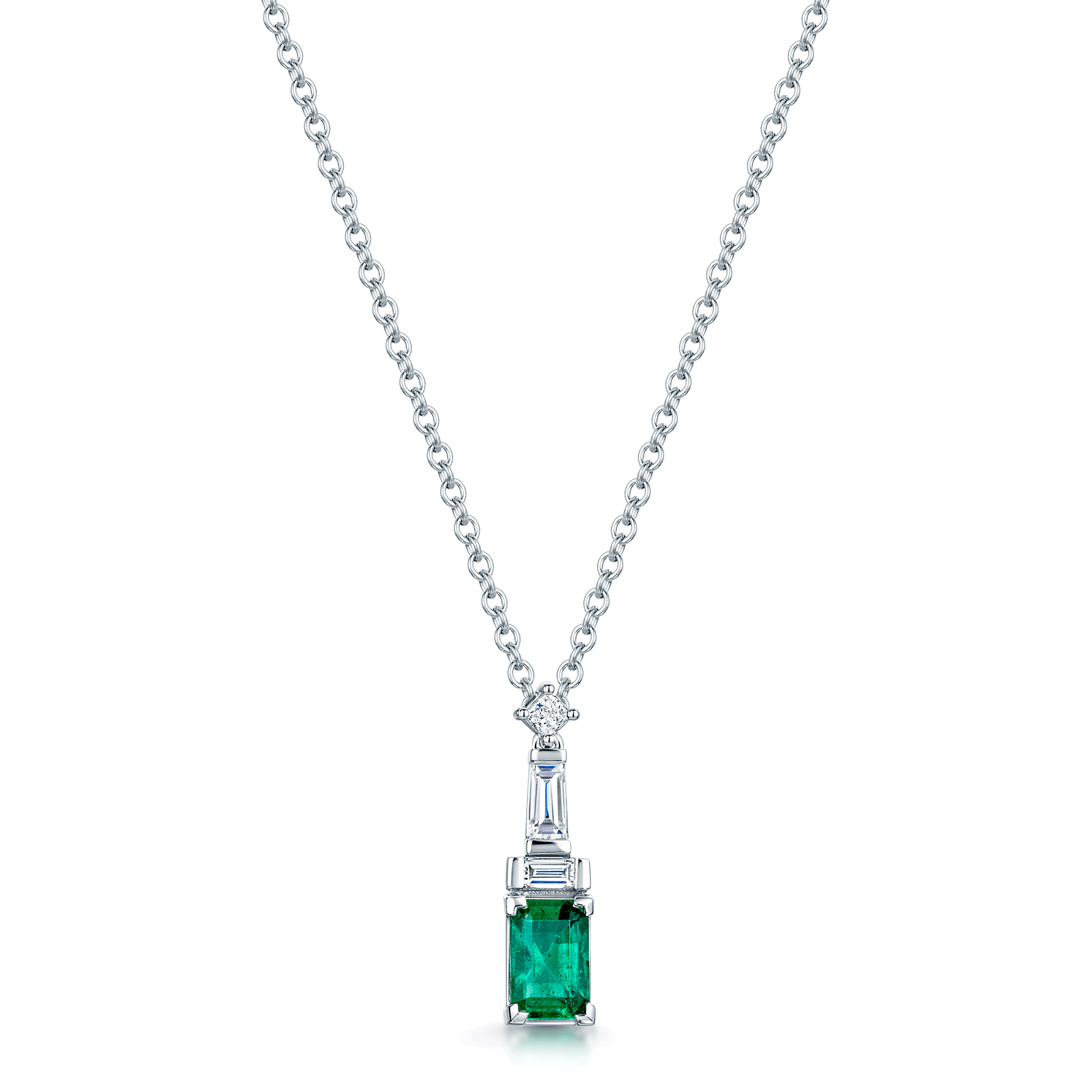 18ct White Gold Emerald, Baguette And Princess Cut Diamond Pendant