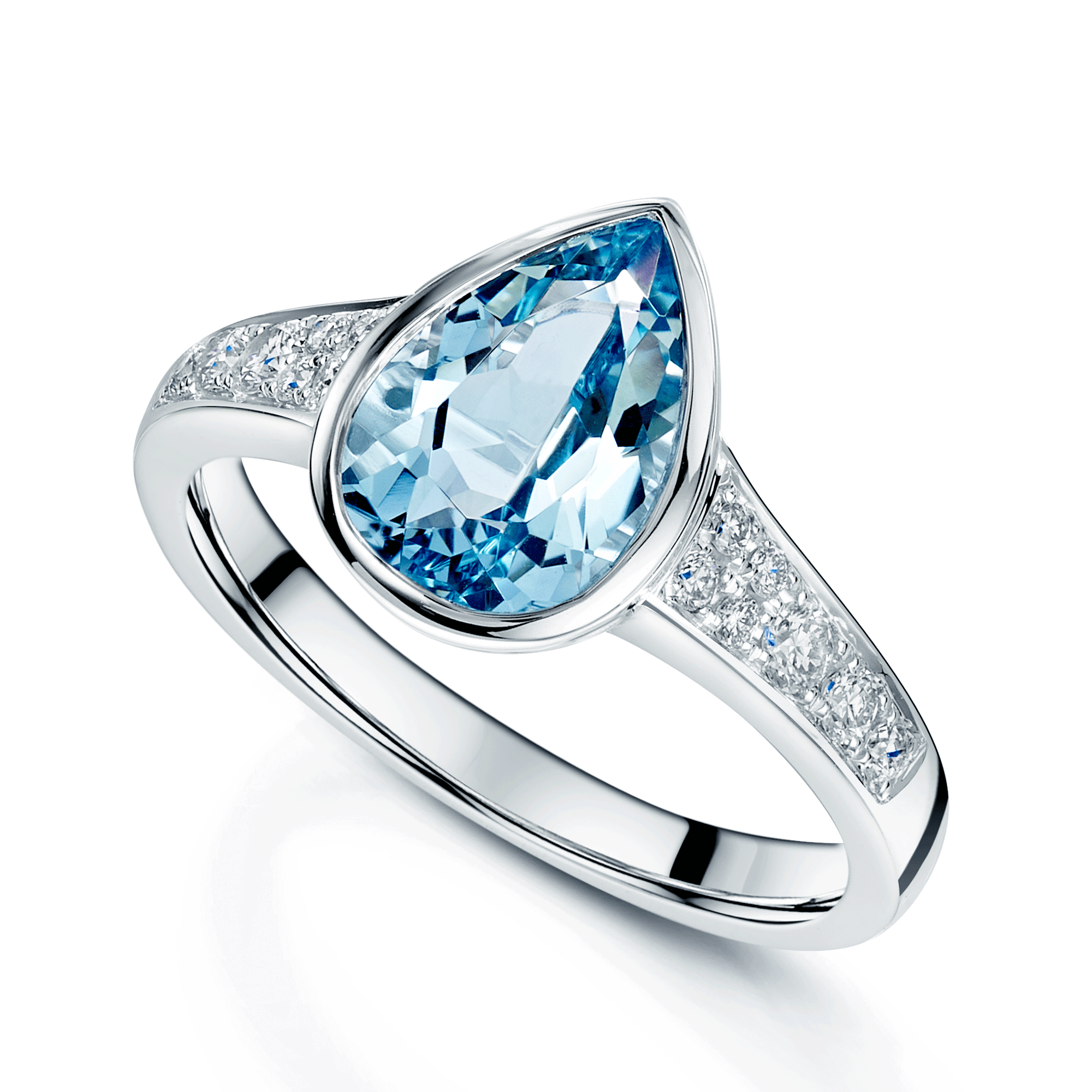 18ct White Gold Pear Cut Aquamarine Ring With Diamond Set Shoulders