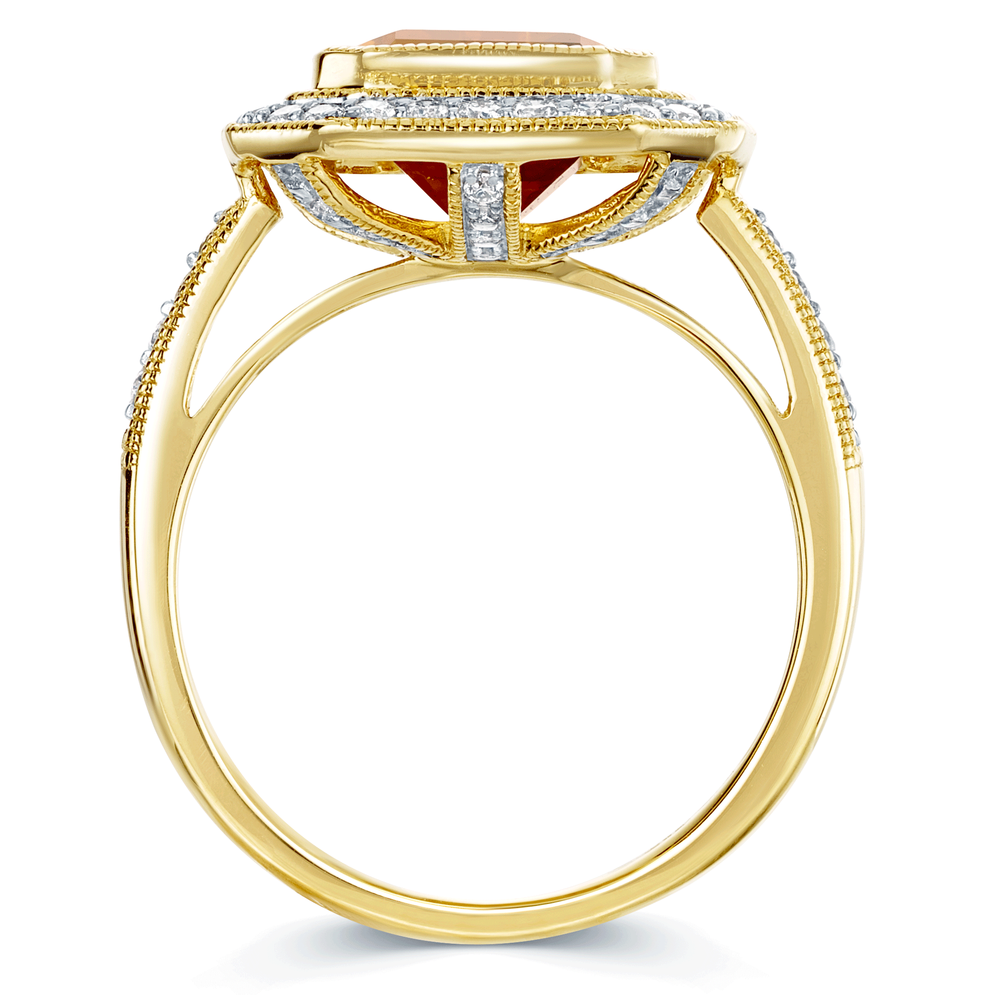 18ct Yellow Gold Citrine And Diamond Halo Set Ring With Diamond Set Shoulders