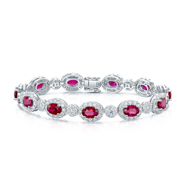18ct White Gold Oval Ruby And Diamond Halo Bracelet