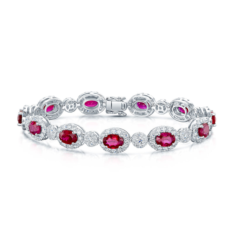 18ct White Gold Oval Ruby And Diamond Halo Bracelet