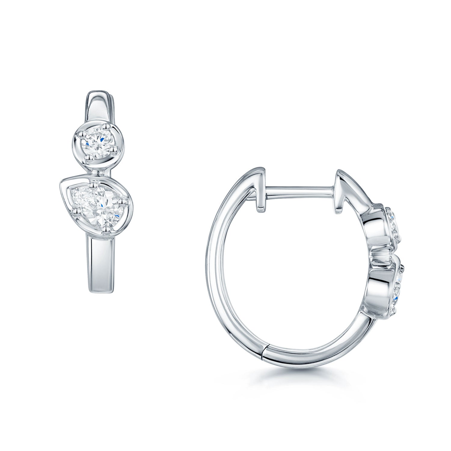 Berry's 18ct White Gold Pear And Round Brilliant Cut Diamond Rub Over Set Hoop Earrings - Berry's Jewellers