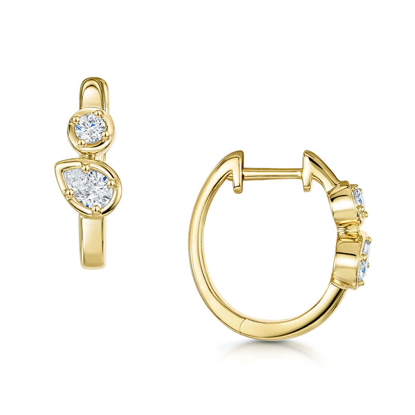 Berry's 18ct Yellow Gold Pear And Round Brilliant Cut Diamond Rub Over Set Hoop Earrings - Berry's Jewellers