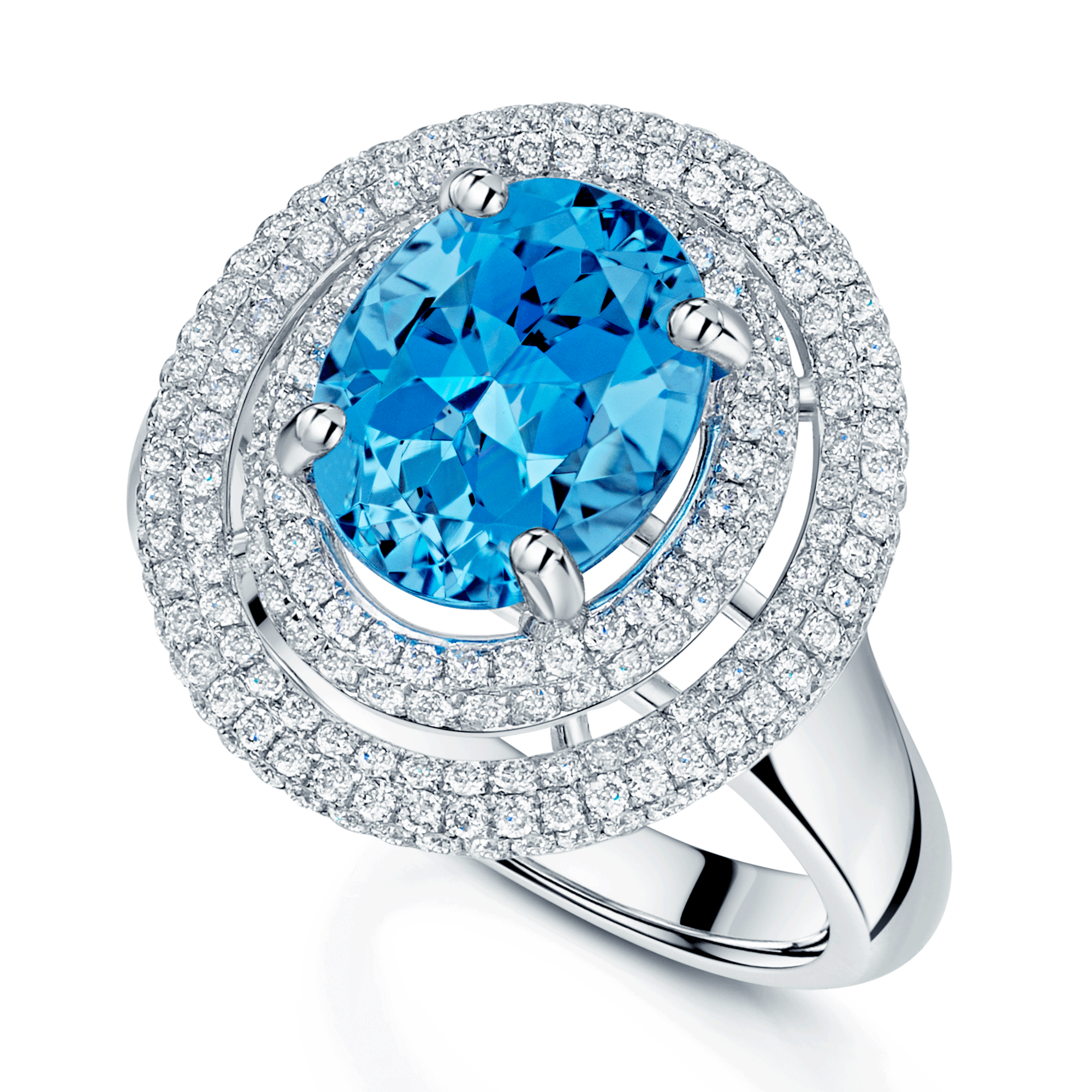 18ct White Gold Oval Blue Topaz and Diamond Surround Ring