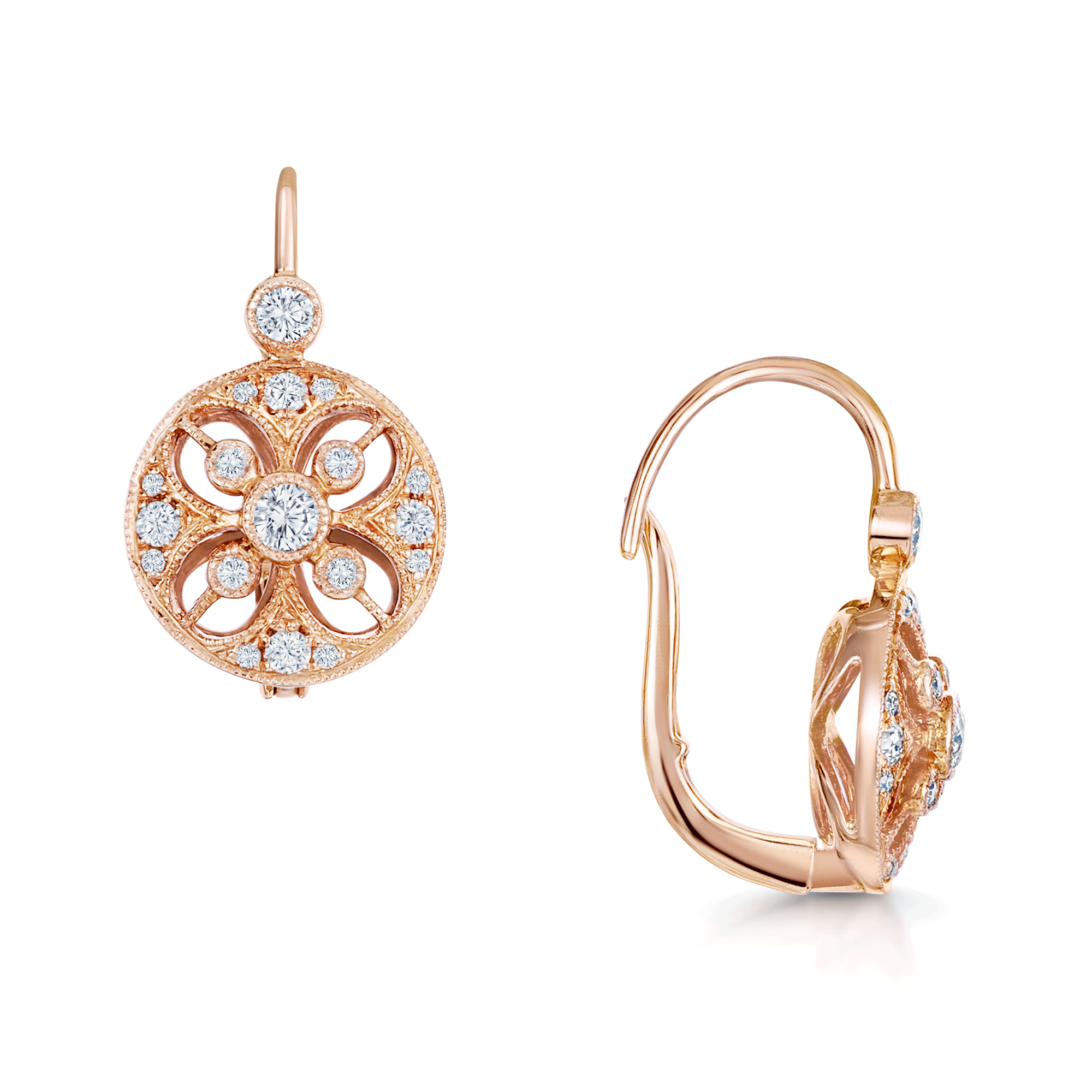 18ct Rose Gold Diamond Vintage Style Drop Earrings