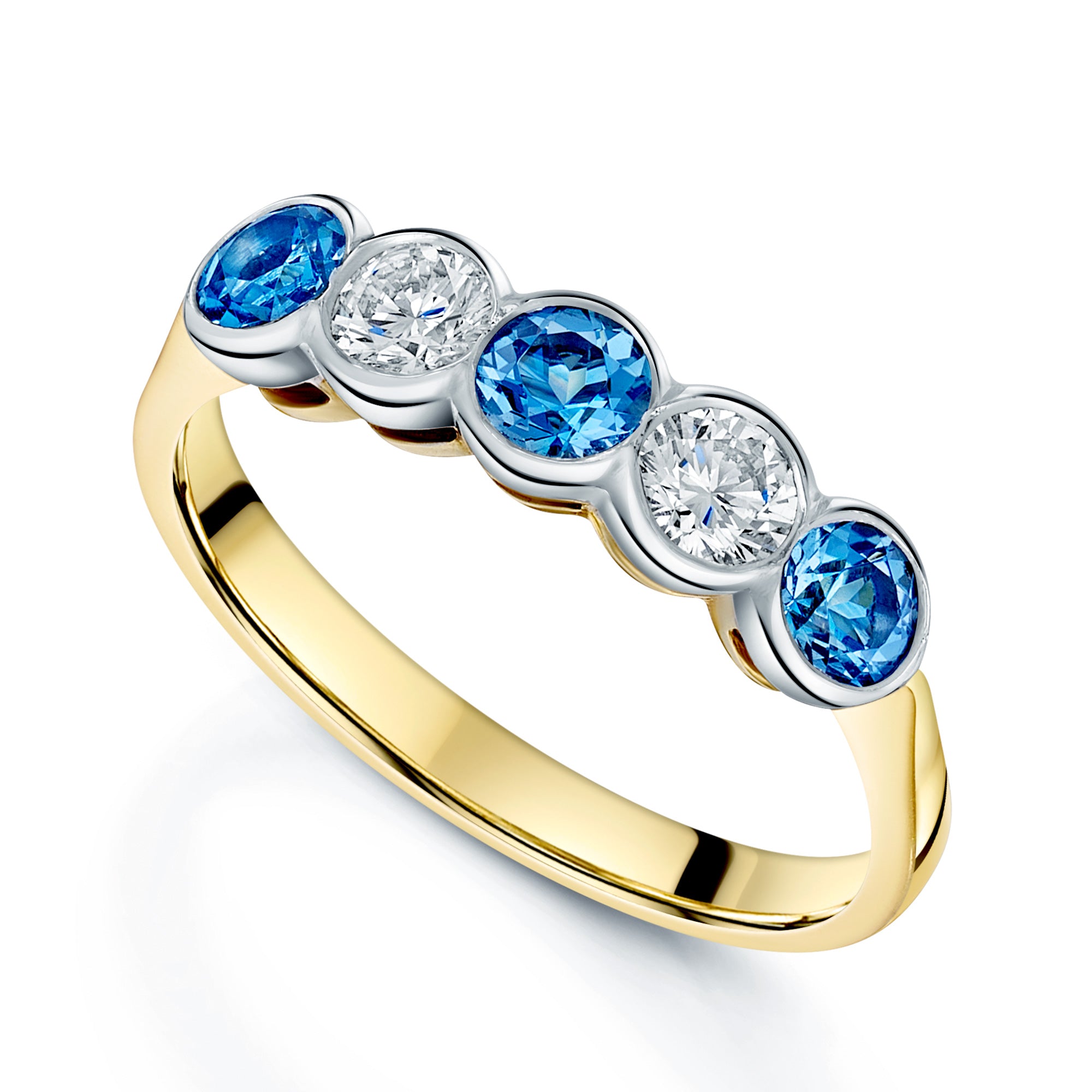 18ct Yellow Gold Aquamarine & Diamond Five Stone Ring