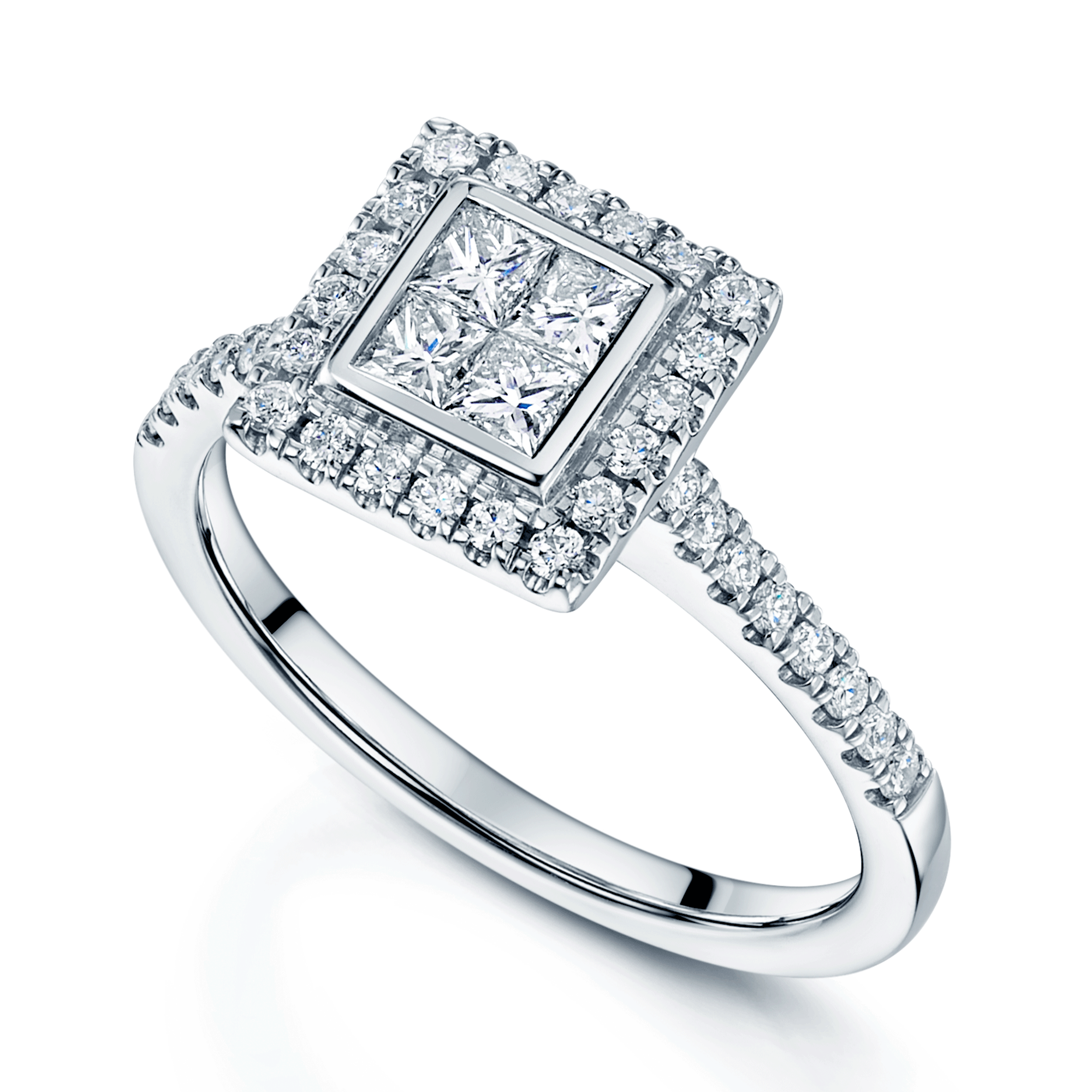 Platinum Princess Cut Diamond Custer Ring With Round Brilliant Diamond Halo & Diamond Set Shoulders