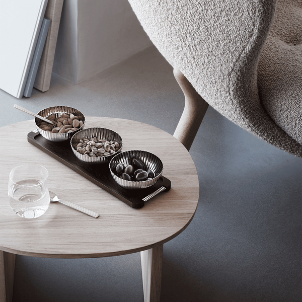 Georg Jensen Bernadotte Triple Bowl Set in Stainless Steel with Smoked Oak Serving Tray - Berry's Jewellers