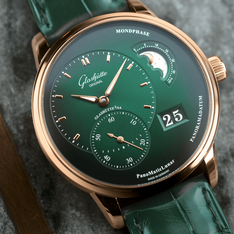 Glashütte Original PanoMaticLunar 40mm Rose Gold & Green Dial Automatic Men's Watch - Berry's Jewellers