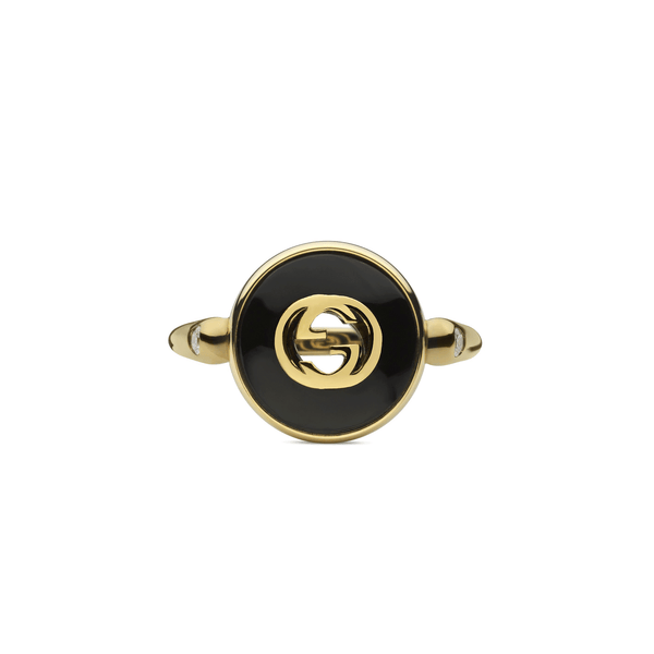 Gucci Gucci Interlocking 18ct Yellow Gold Black Onyx Ring - Berry's Jewellers