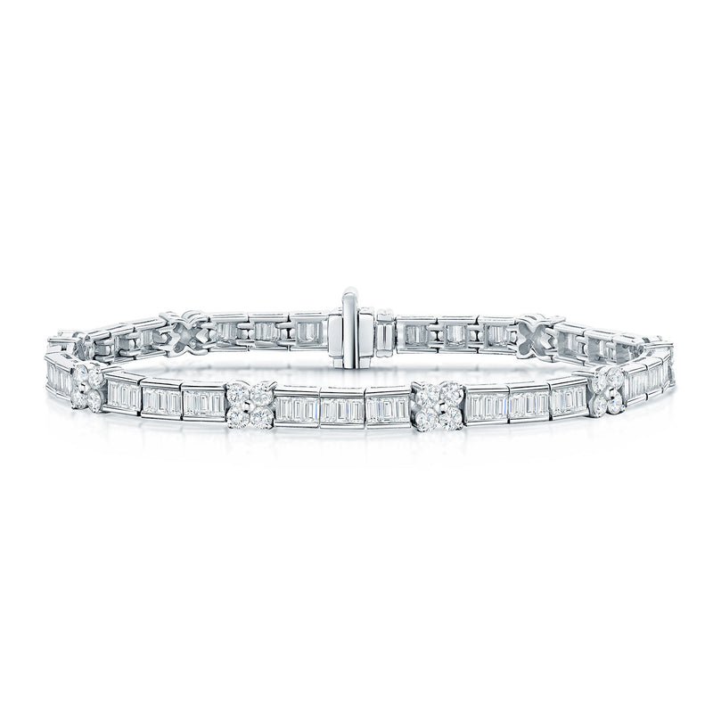 Platinum Round Brilliant and Baguette Cut Flower Diamond Bracelet