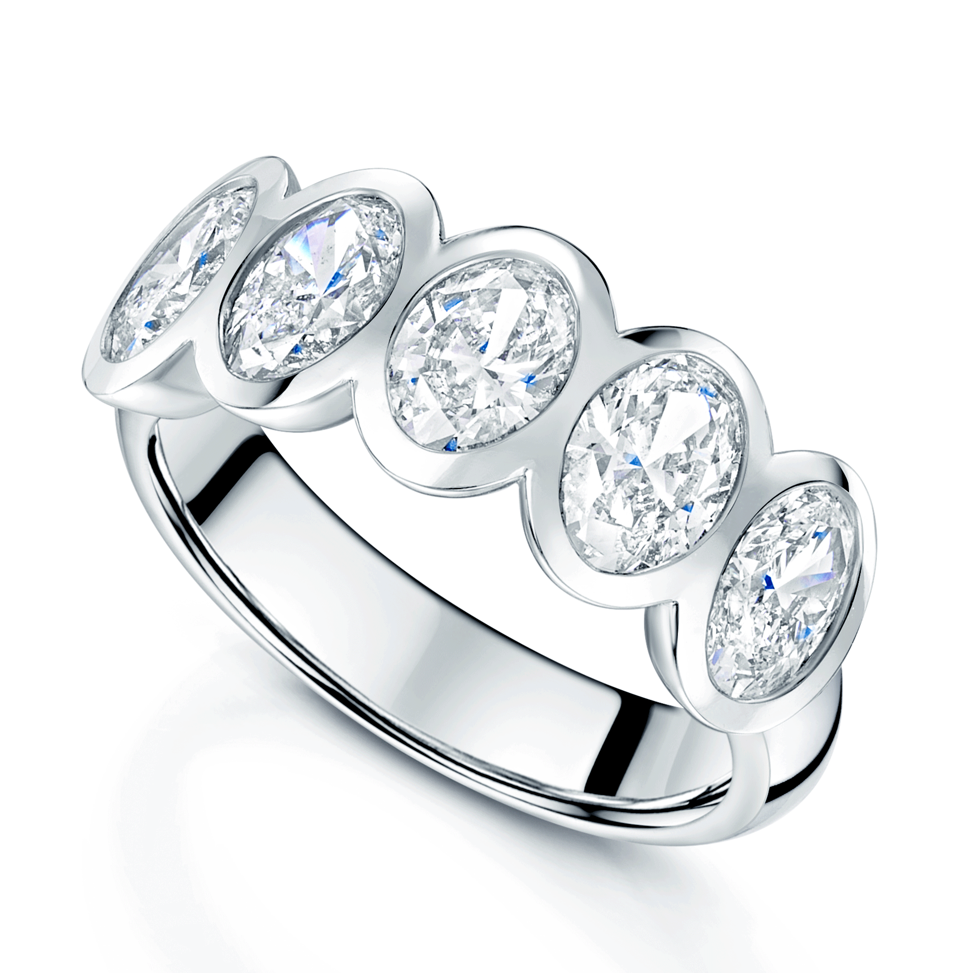 Platinum Oval Cut Diamond Five Stone Rub Over Set Eternity Ring