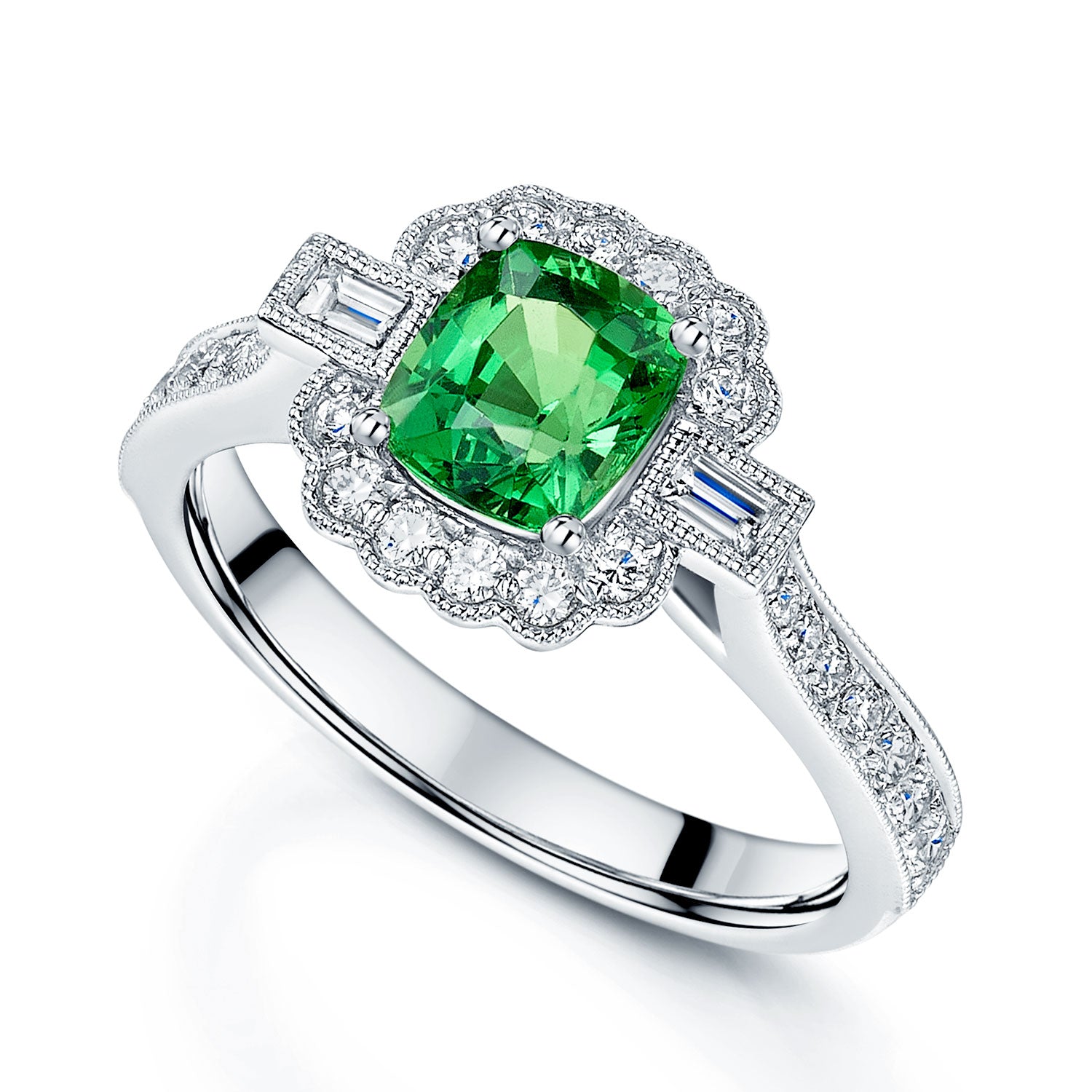 Platinum Cushion Cut Tsavorite And Diamond Cluster Dress Ring