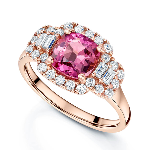 18ct Rose Gold Cushion Cut Pink Tourmaline And Diamond Halo Dress Ring
