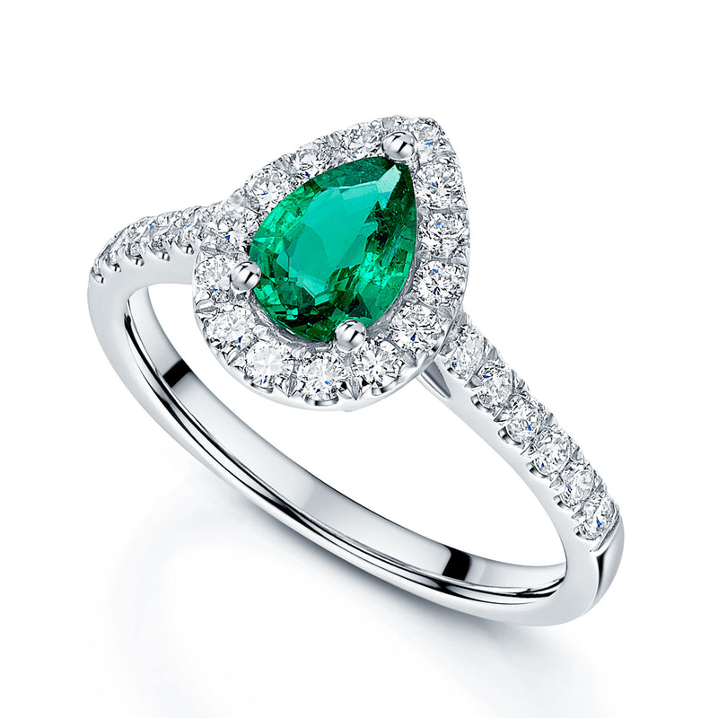 Berry's Platinum Pear Cut Emerald And Diamond Halo Ring - Berry's Jewellers