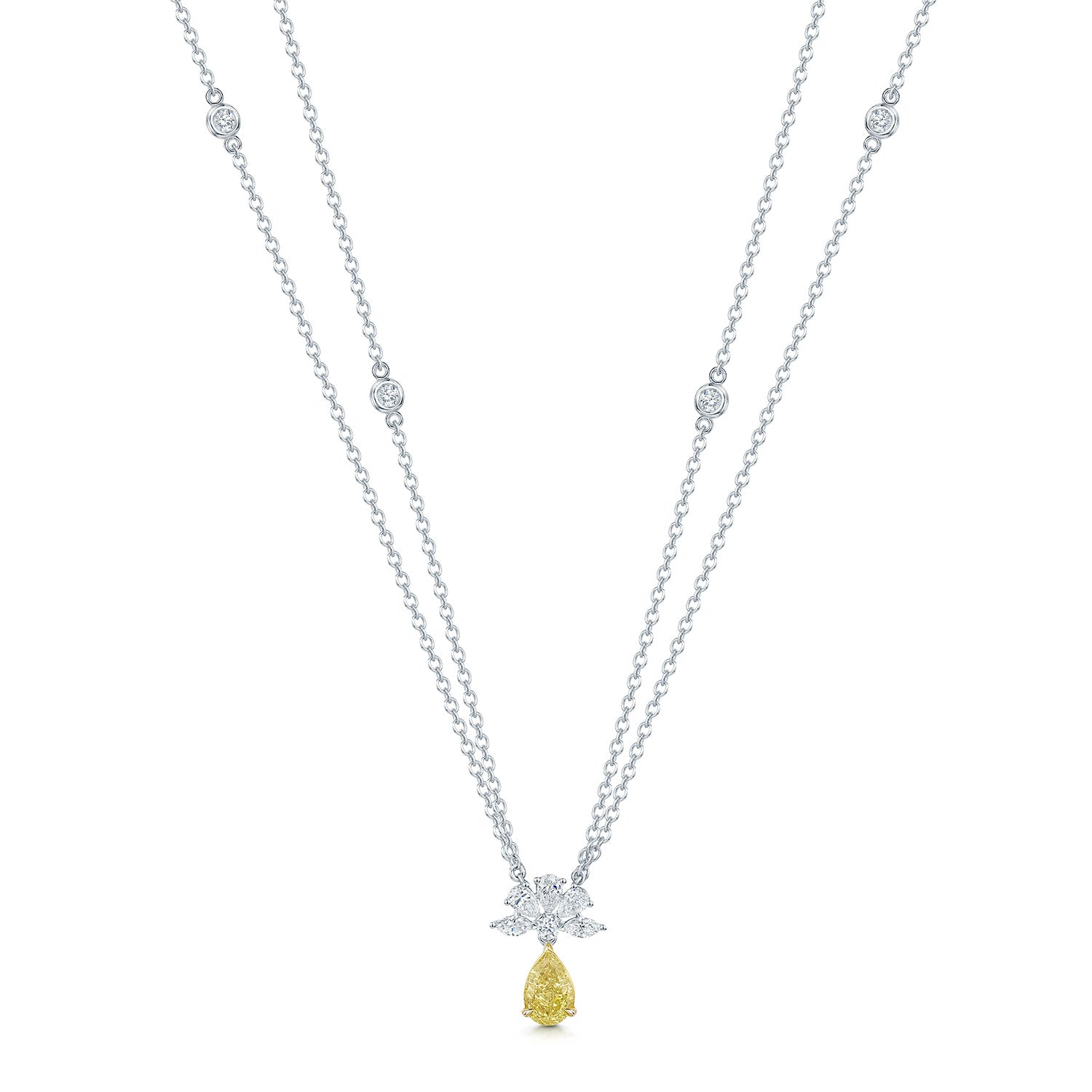 Berry's 18ct White Gold Pear Cut Yellow And White Diamond Floral Cluster Pendant - Berry's Jewellers