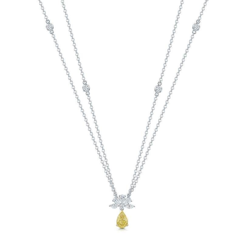 Berry's 18ct White Gold Pear Cut Yellow And White Diamond Floral Cluster Pendant - Berry's Jewellers