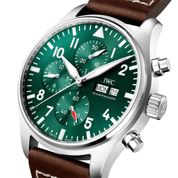 IWC Schaffhausen Pilot's 43mm Green Dial Chronograph Leather Strap Watch - Berry's Jewellers