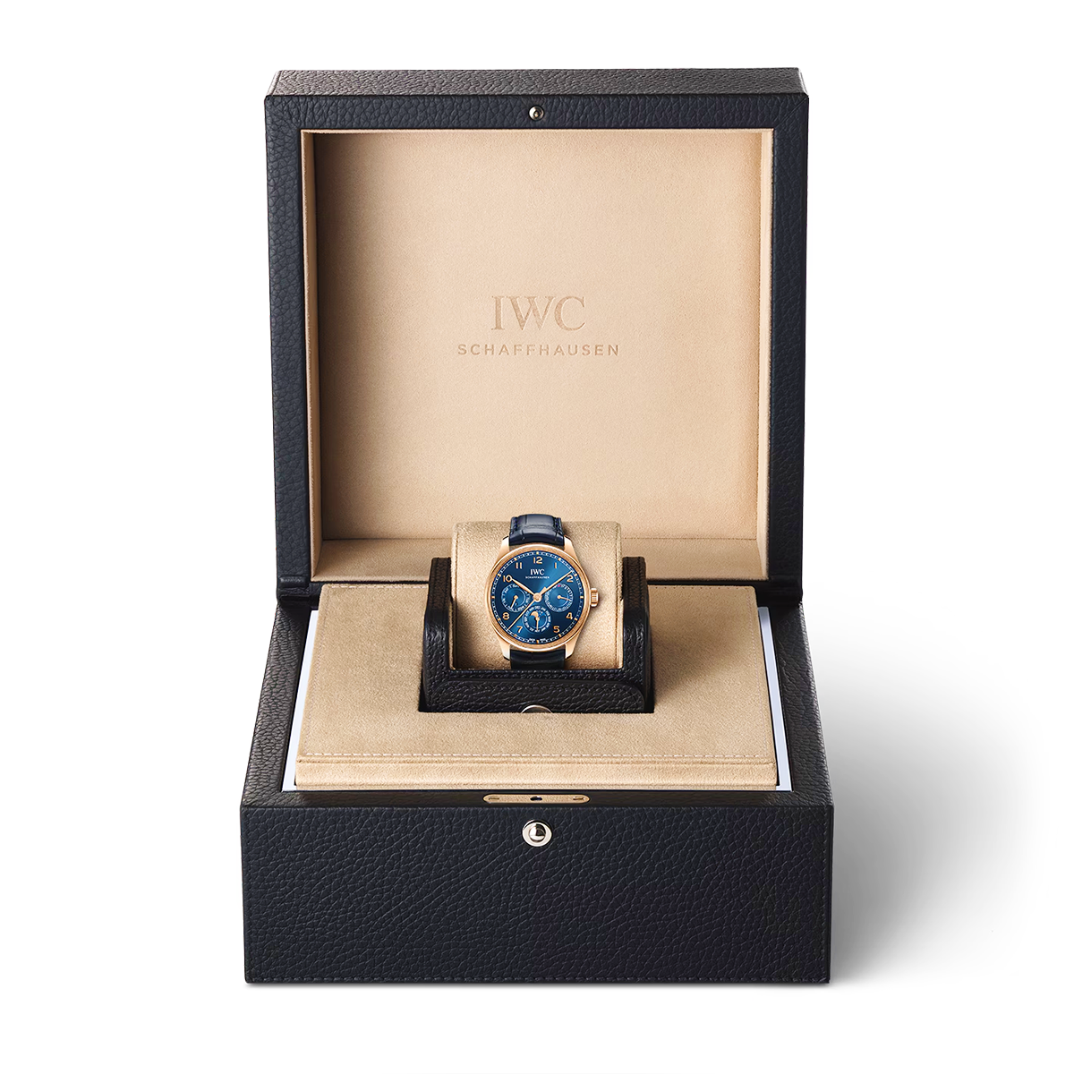 IWC Schaffhausen Portugieser Perpetual Calendar 42mm 18ct Rose Gold Blue Dial Watch - Berry's Jewellers
