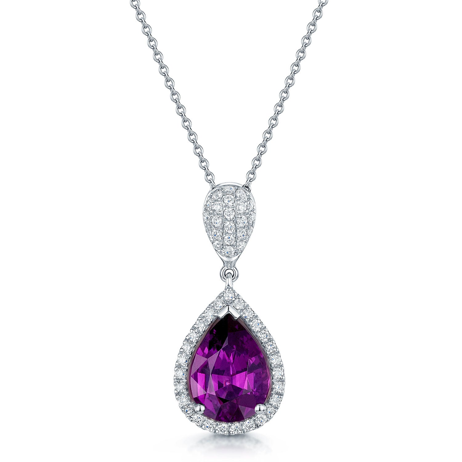18ct White Gold Pear Shape Rhodolite Garnet Diamond Halo Pendant