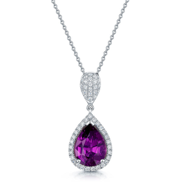 18ct White Gold Pear Shape Rhodolite Garnet Diamond Halo Pendant