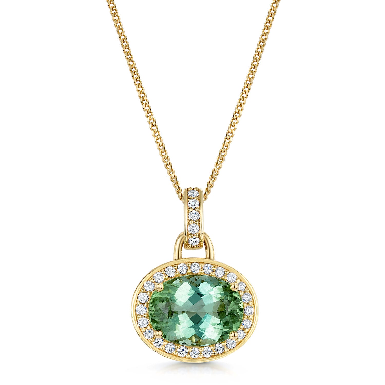 18ct Yellow Gold Green Oval Tourmaline & Diamond Pendant