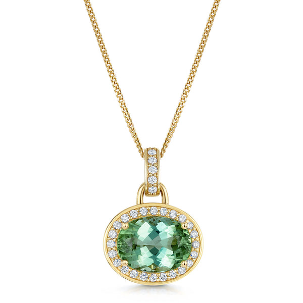 18ct Yellow Gold Green Oval Tourmaline & Diamond Pendant