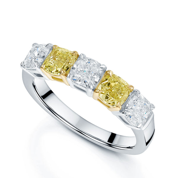 Berry's Platinum Cushion Cut Diamond And Yellow Diamond Five Stone Eternity Ring - Berry's Jewellers