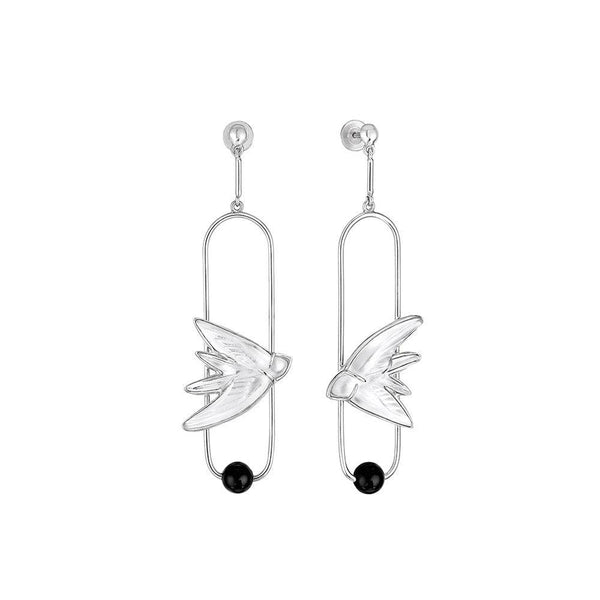 Lalique Hirondelles Clear Crystal, Onyx & Silver Drop Earrings - Berry's Jewellers