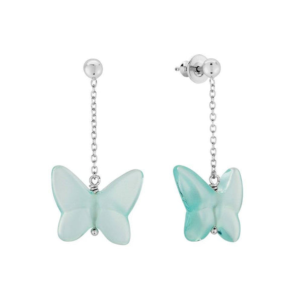 Lalique Papillon Silver & Lagoon Green Crystal Drop Earrings - Berry's Jewellers
