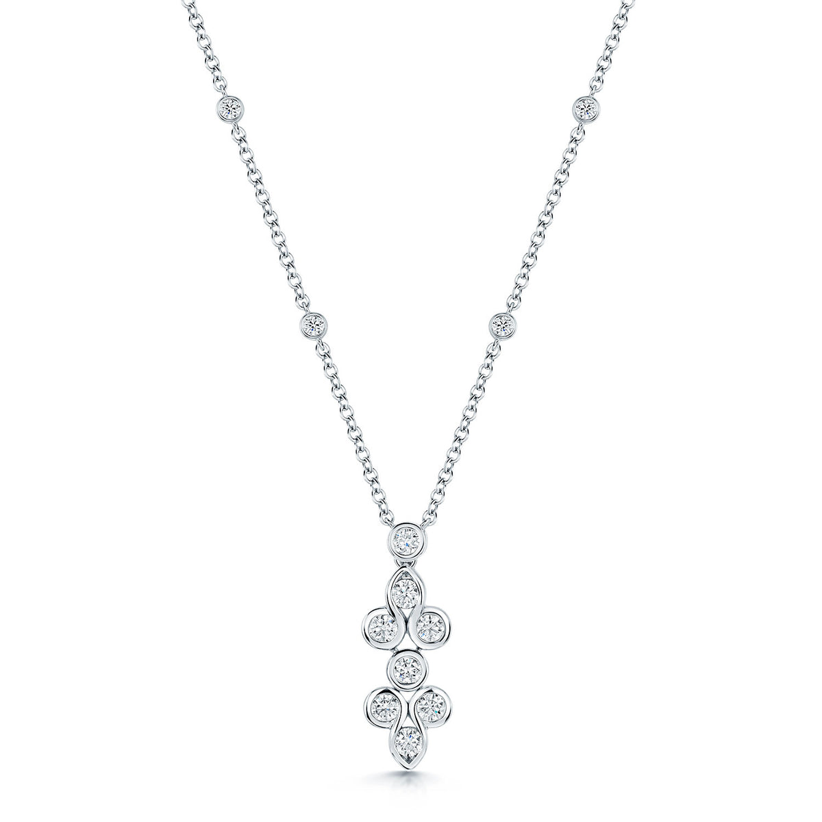 18ct White Gold Round Brilliant Cut Diamond Rubover Set Drop Pendant