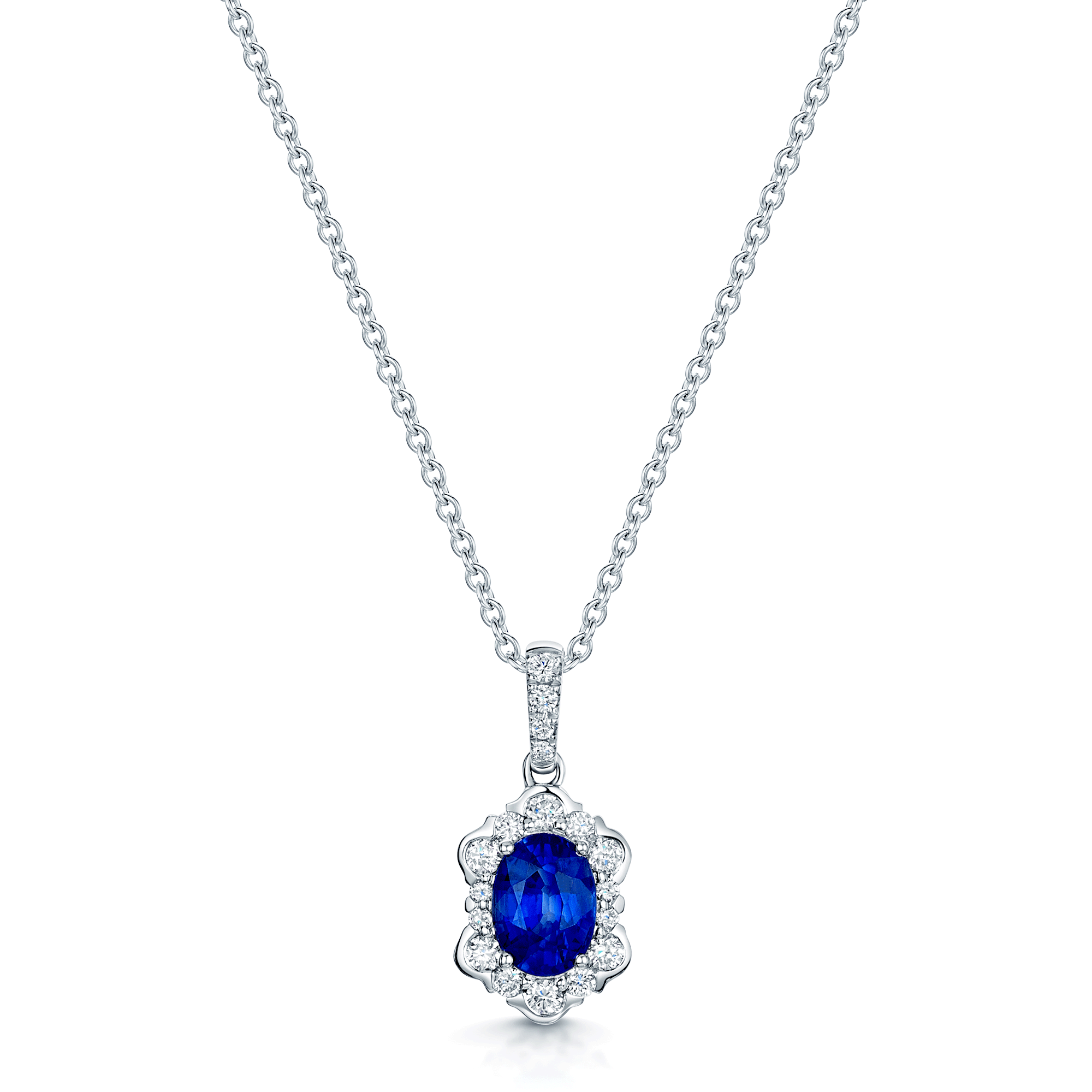 18ct White Gold Oval Sapphire And Diamond Fancy Cluster Pendant