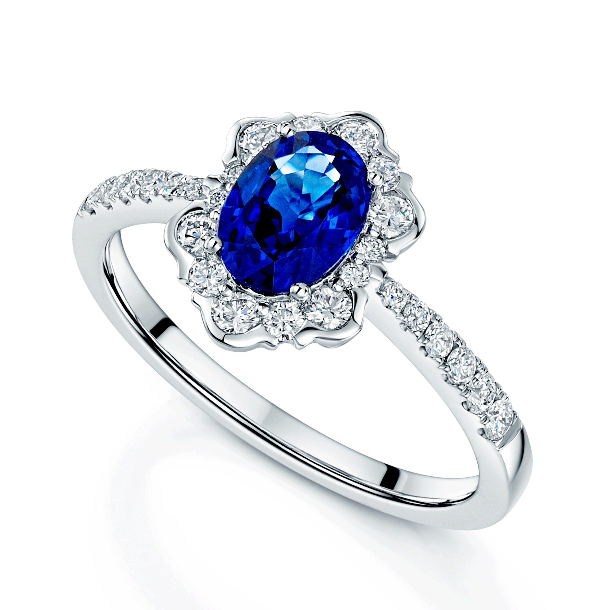 18ct White Gold Oval Sapphire And Diamond Fancy Cluster Ring With Diamond Shoulders