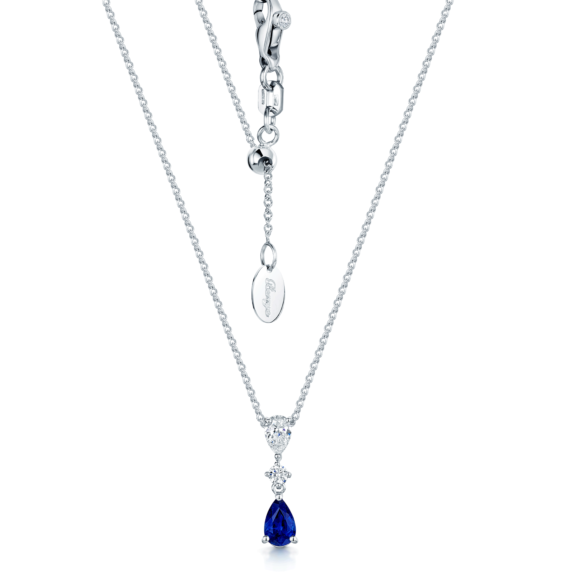 18ct White Gold Pear Blue Sapphire & Diamond Three Stone Pendant